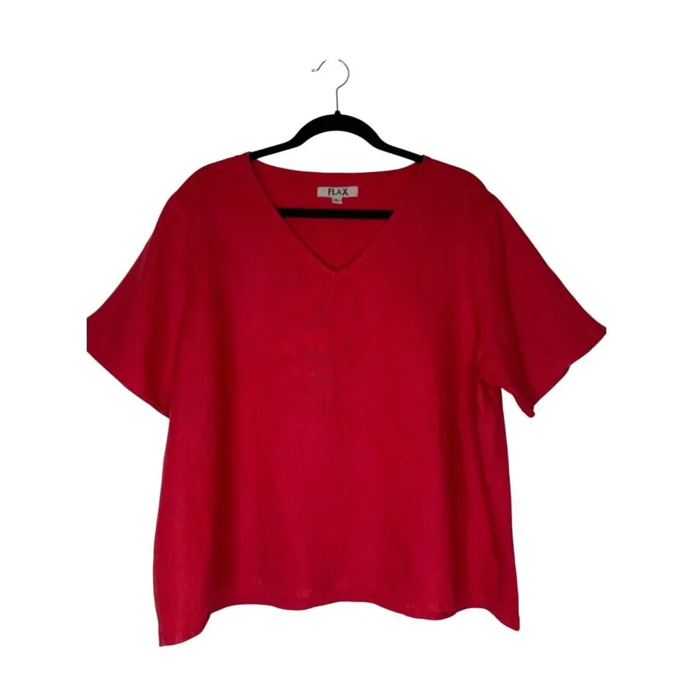 Flax linen Top Red Boxy Short Sleeve Size L Coastal, Casual Chic, Oversized